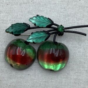 Antique Vintage Cherry Brooch with Green and Red Art Glass
